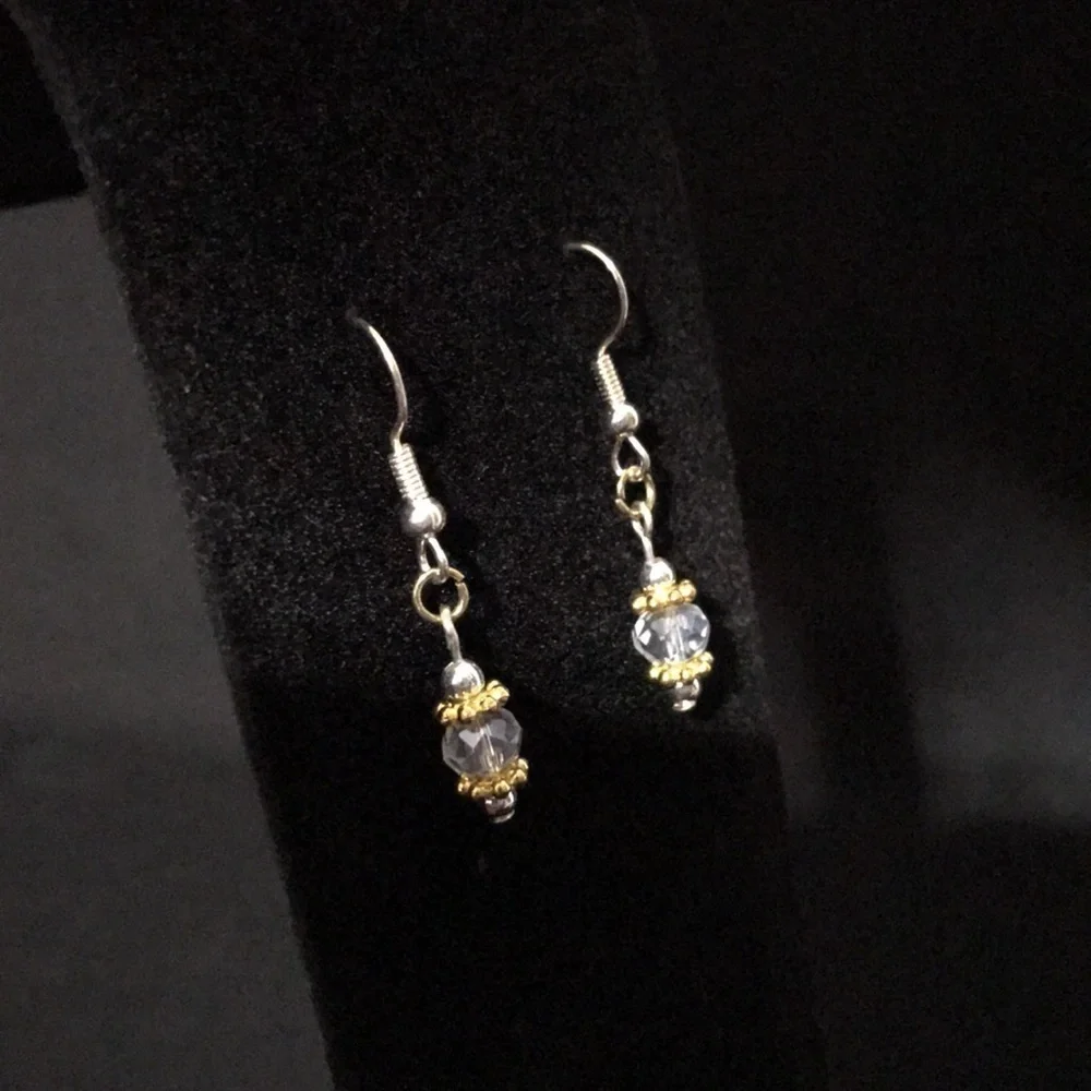 HANDCRAFTED EARRINGS—FISHHOOK DANGLES—Clear Beads with Gold/Silver Tone Findings